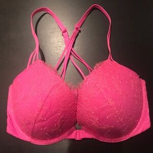 Victoria’s Secret pink lace Very Sexy push up bra, size 32DD. Like new!
